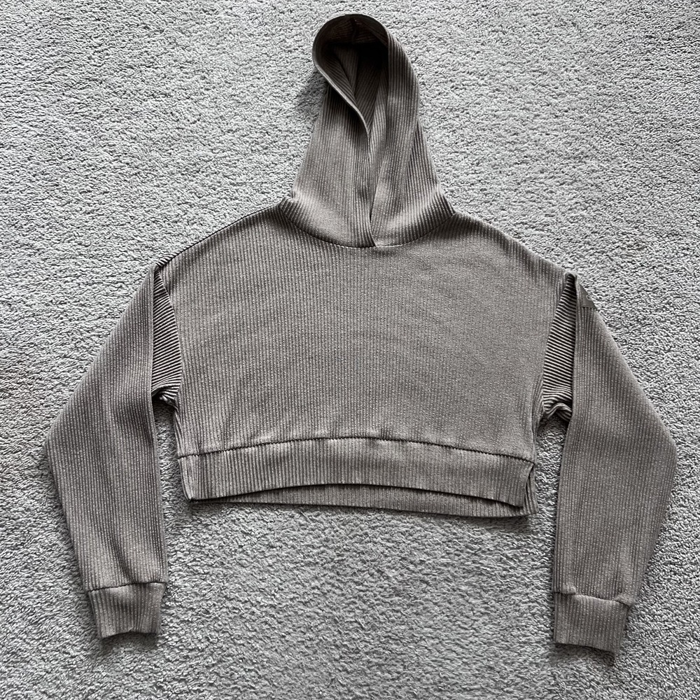 Alo Yoga Muse Ribbed Cropped Hoodie Sweatshirt Womens S Beige Knit Pullover